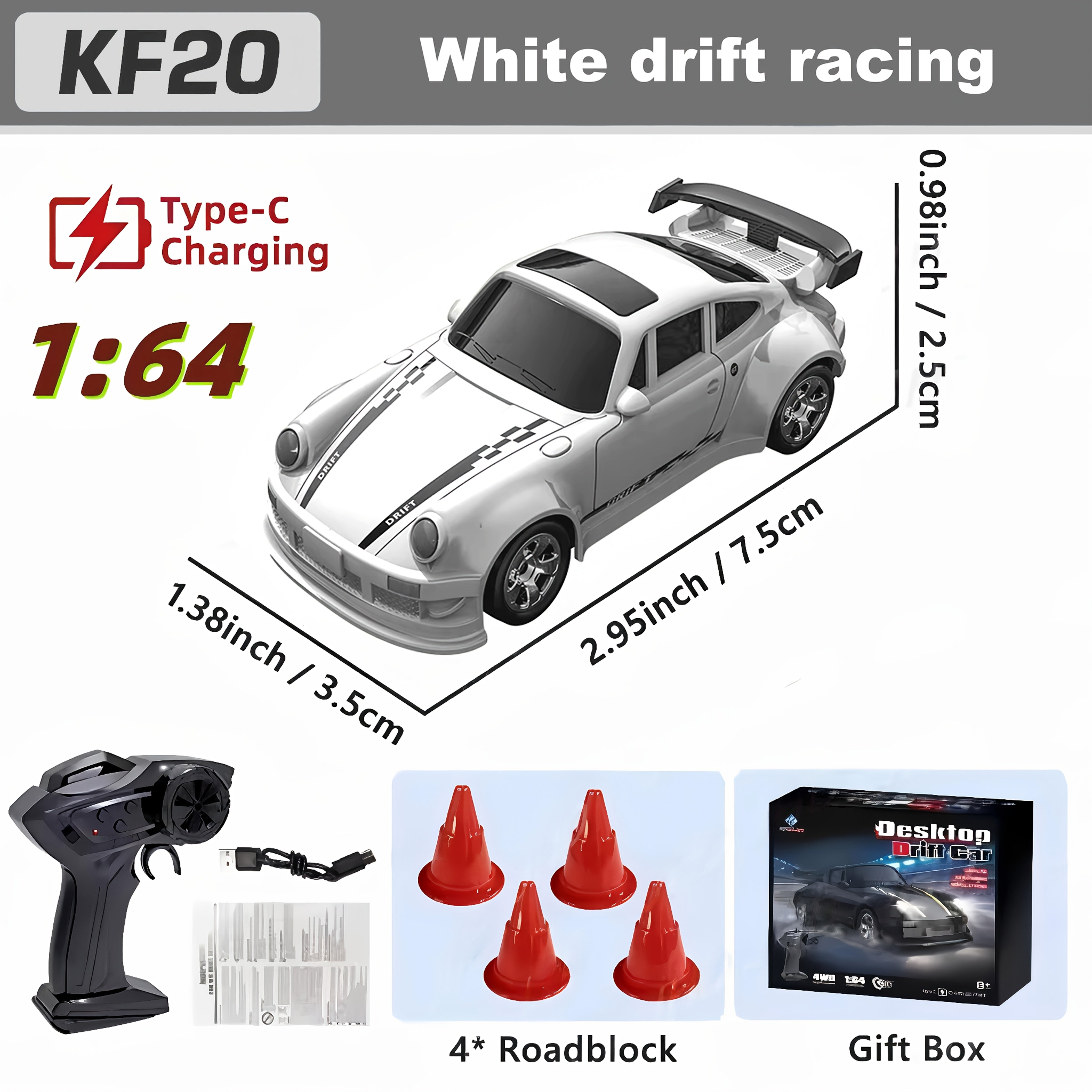 1/64 RC Drift Auto | 2.4GHz Afstandsbediening, LED, USB-C Snelladen, Raceauto