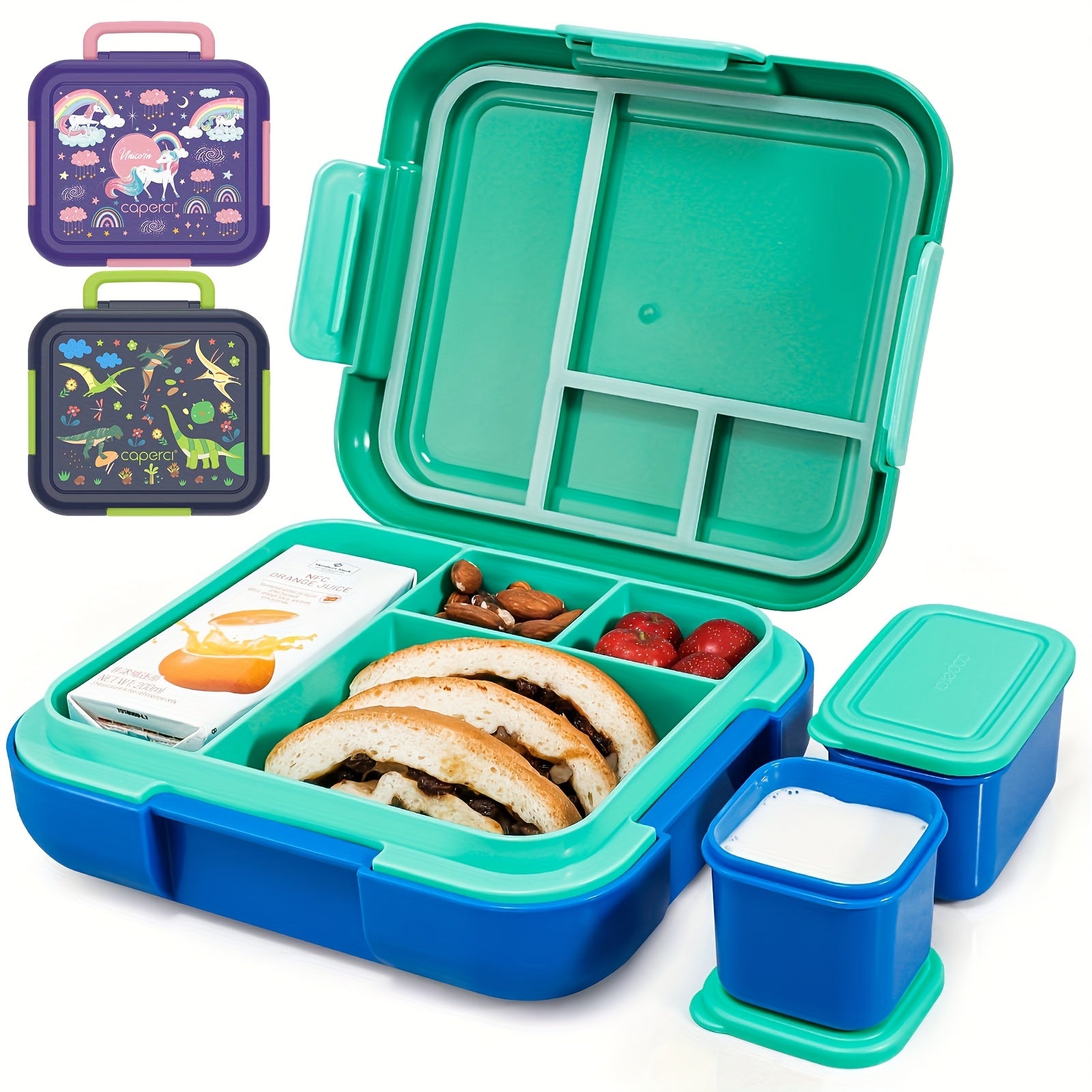 Caperci Bento Lunchbox 4 Compartimenten | Jungle Green/Blue – Grote Capaciteit, Lekvrij & Vaatwasser-/Magnetronbestendig