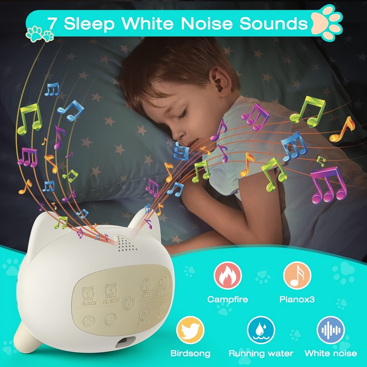 Digitale Slaaptrainer en Wekker met Witte Ruis voor Kinderen - Kat Thema Klok met Gekleurde Nachtlamp en Dubbel Alarm