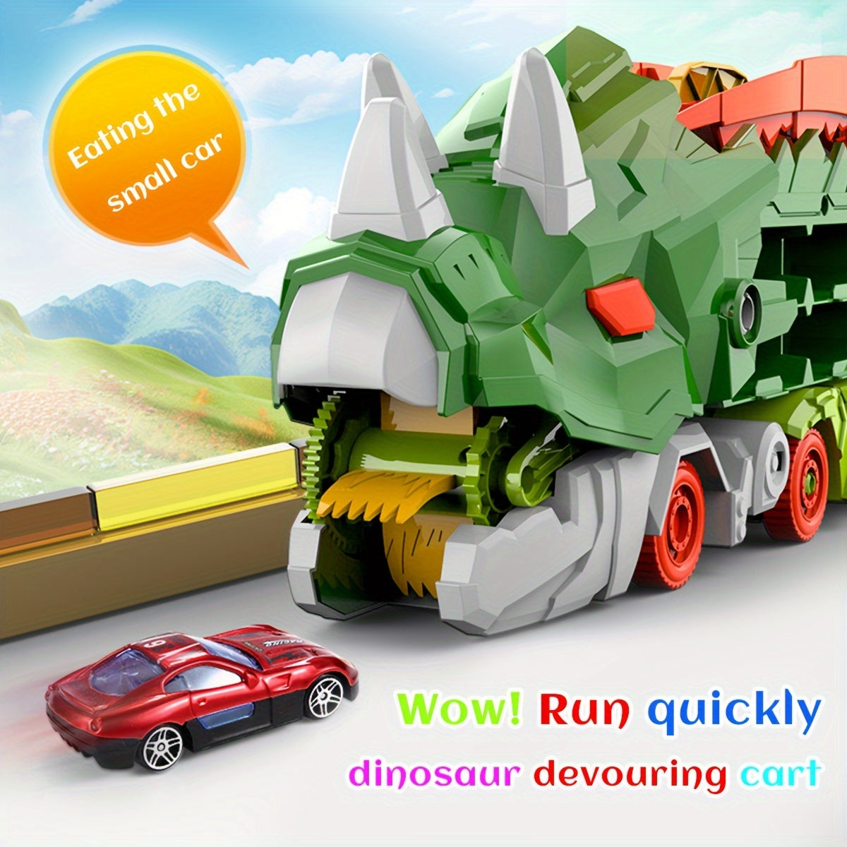 Triceratops Transport Truck 3-in-1 Speelset | Transformeerbaar Spoorweg-Lanceervoertuig | Inclusief Meerdere Metaalauto’s | Voor 3+ Jaar | Paars & Groen