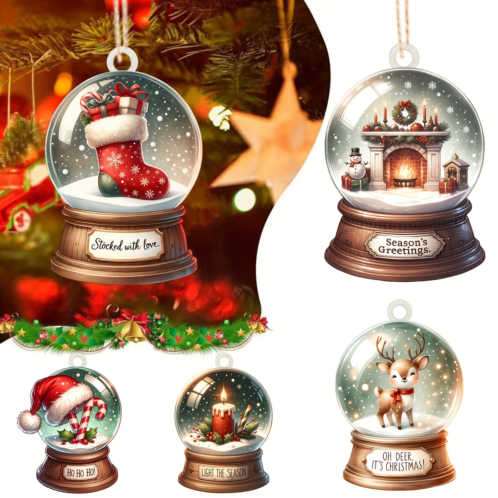 Set van 15 Houten Sneeuwbol Ornamenten - Kerstboom- en Huisdecoratie, Uniek Vakantiecadeau