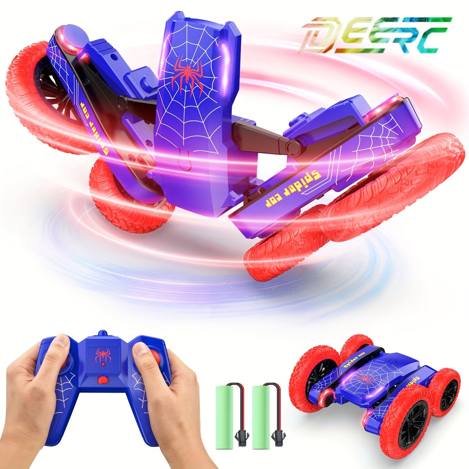 Afstandsbediening auto - Dubbelzijdige mini RC stuntauto, 360° roterende 4WD off-road RC auto met koplampen, 2,4 GHz oplaadbare speelgoedauto voor jongens van 4-7 en 8-12 jaar, ideaal als cadeau voor verjaardag en kerst.