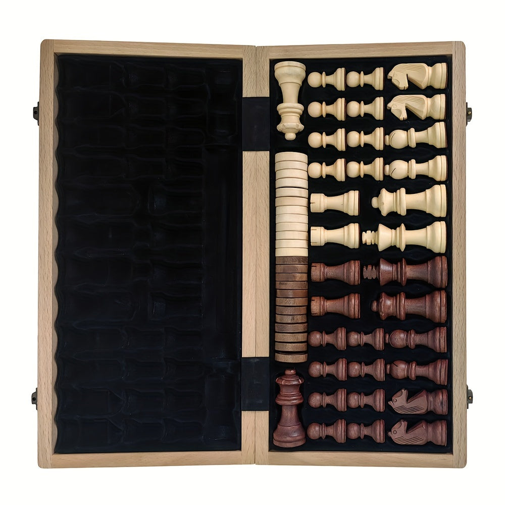 30.5 cm Groot Houten Schaak- en Damspel – Opvouwbaar Strategie Bordspel met Luxe Opbergdoos