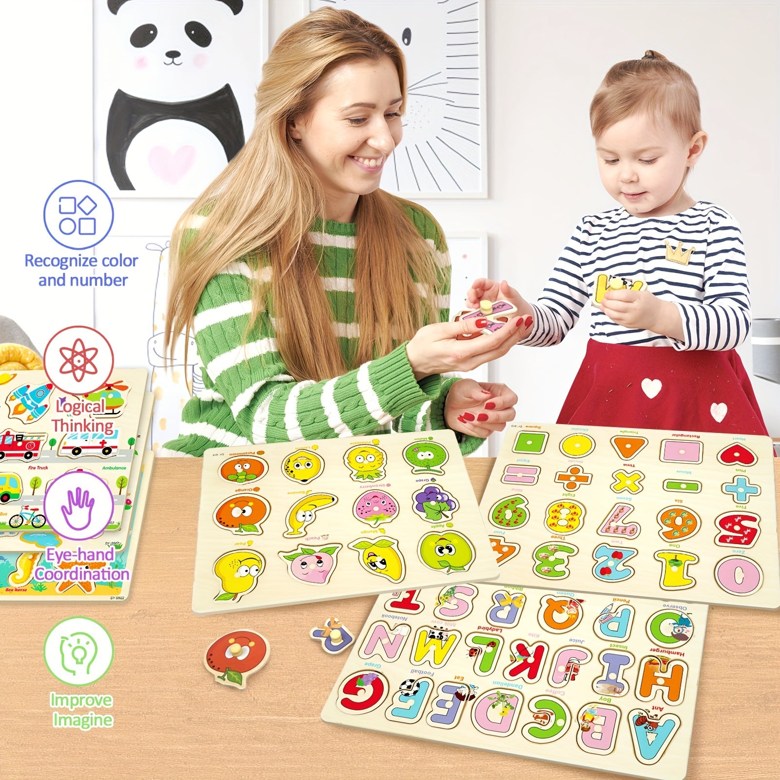 6 Houten Peg Puzzels | Dieren, Alfabet en Nummers Educatief Speelgoed