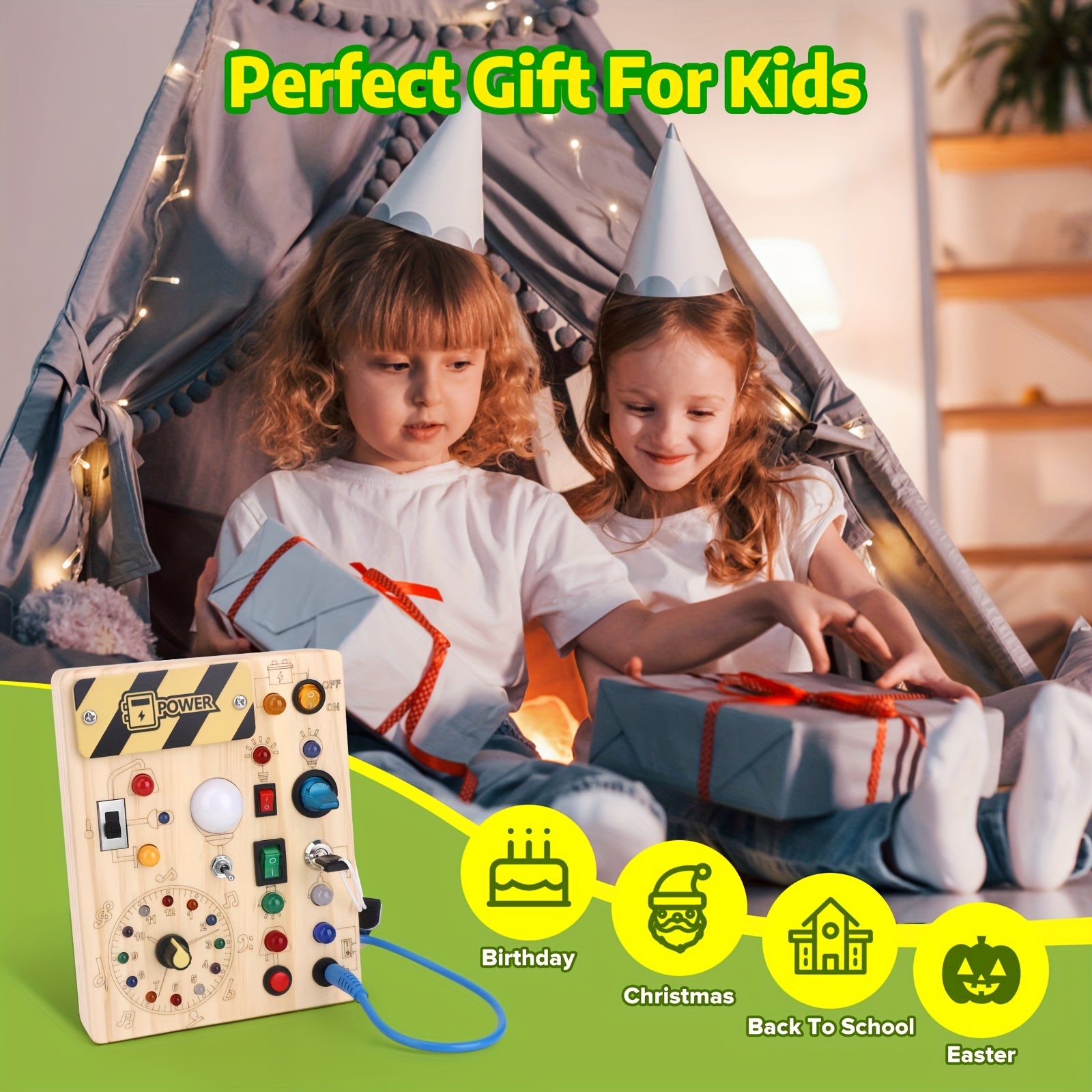 Houten Busy Board met LED | Speelgoedklok met 11 LED-lichtschakelaars. Sensorisch speelgoed voor kinderen vanaf 1 jaar