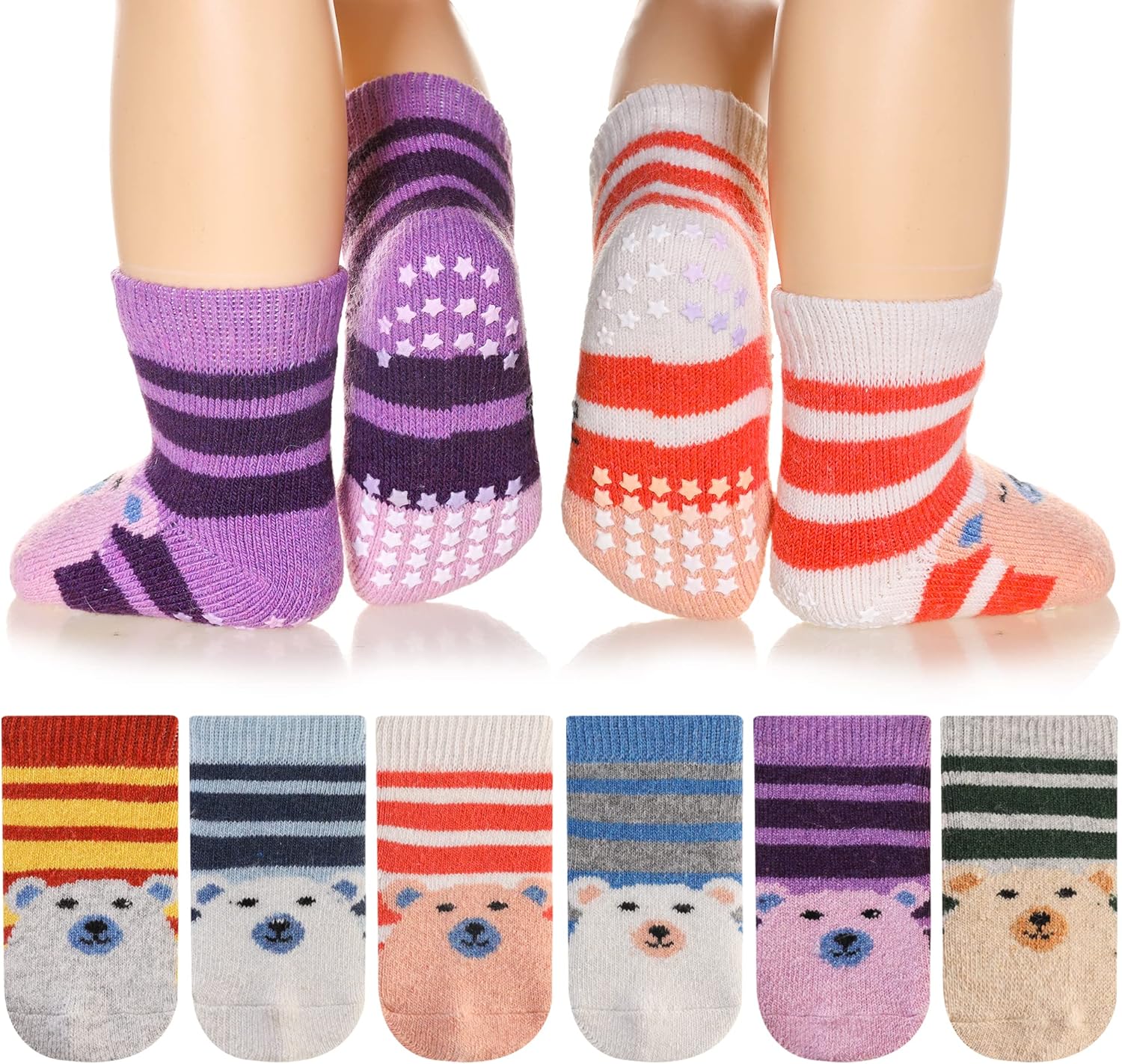 6 Paar Babywol Sokken met Grip | Zachte, warme, dikke antislip wintersokken voor peuters, uniseks