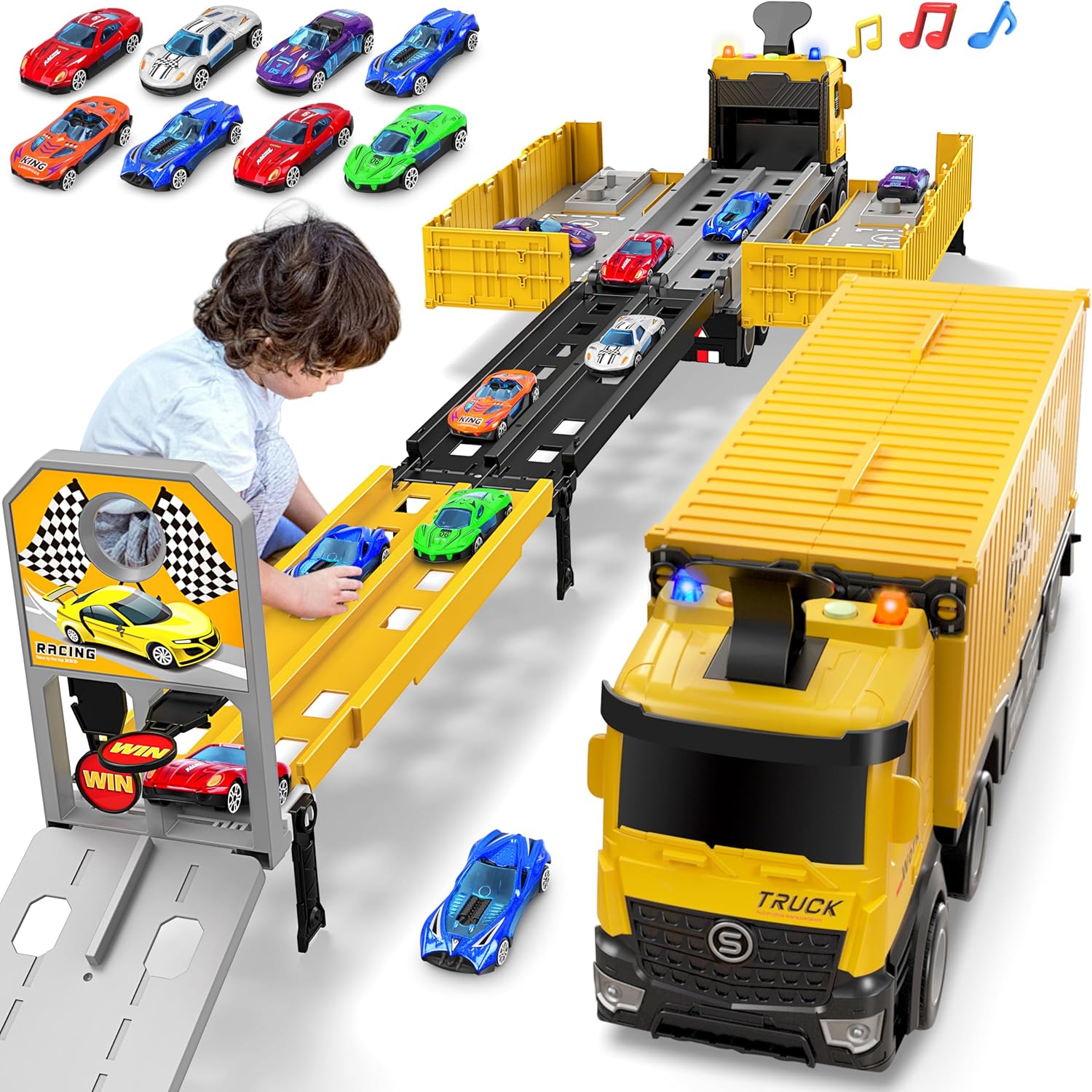 3-Laags Racebaan Truck | 8 Mini Auto’s + Vrachtwagen | Opvouwbaar Speelset | 3–6 Jaar