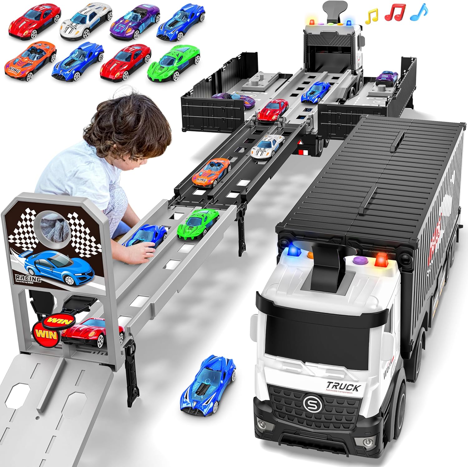 3-Laags Racebaan Truck | 8 Mini Auto’s + Vrachtwagen | Opvouwbaar Speelset | 3–6 Jaar