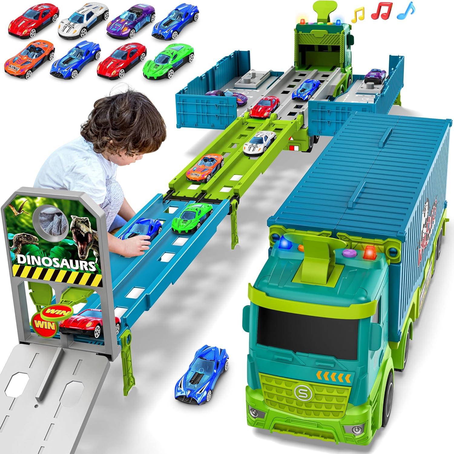 3-Laags Racebaan Truck | 8 Mini Auto’s + Vrachtwagen | Opvouwbaar Speelset | 3–6 Jaar