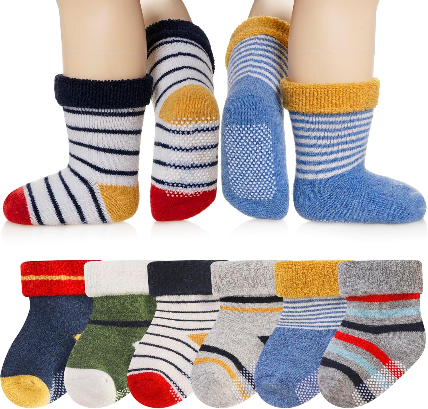 6 Paar Babywol Sokken met Grip | Zachte, warme, dikke antislip wintersokken voor peuters, uniseks