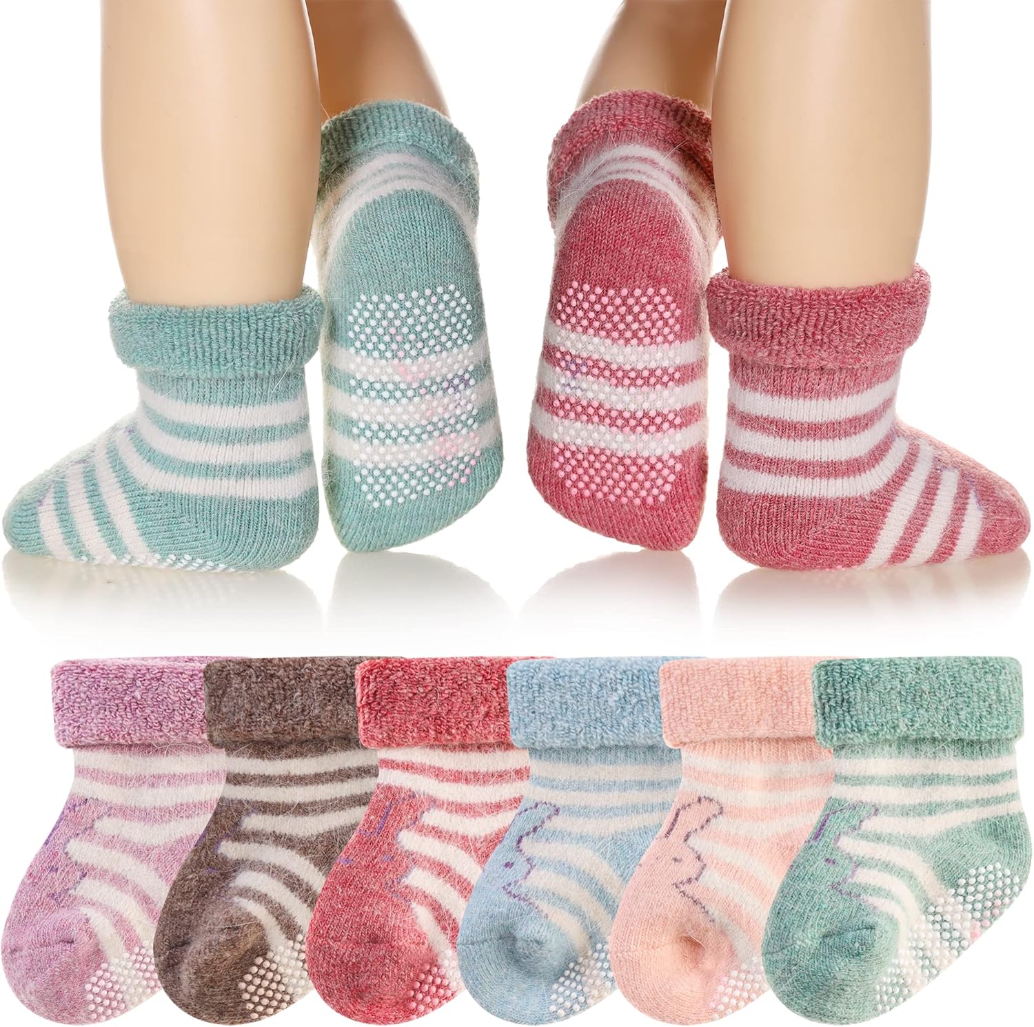 6 Paar Babywol Sokken met Grip | Zachte, warme, dikke antislip wintersokken voor peuters, uniseks