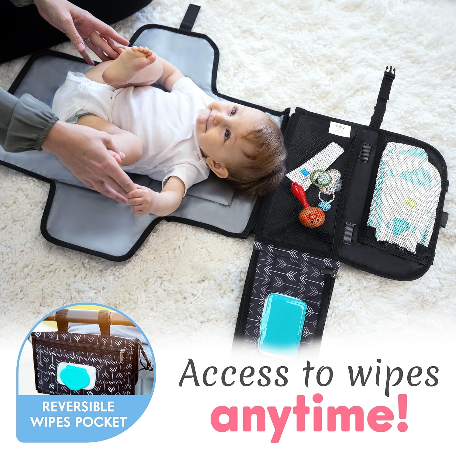 Draagbaar verschoningsmatje|Luiertas met aankleedmat en doekjesvak grijs