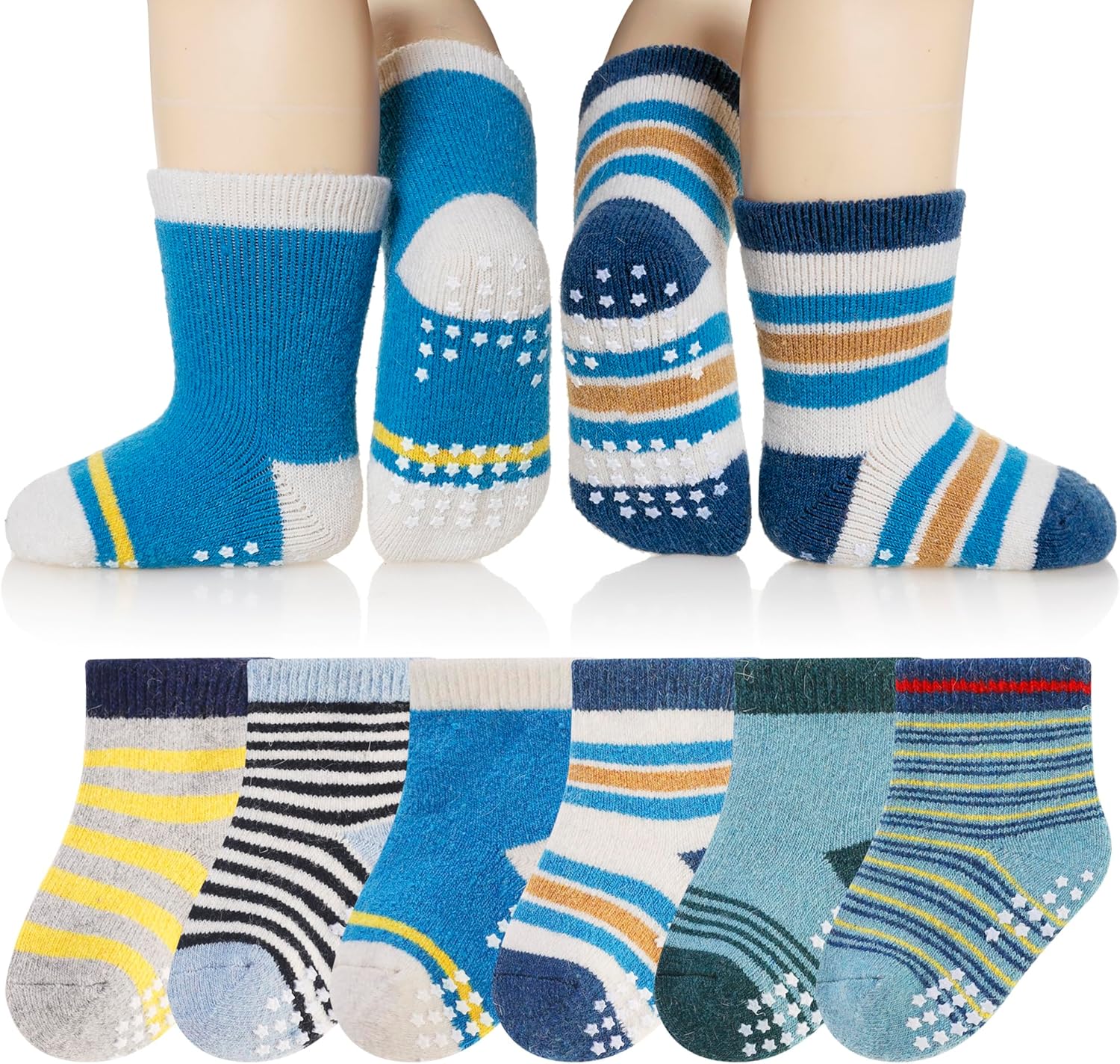 6 Paar Babywol Sokken met Grip | Zachte, warme, dikke antislip wintersokken voor peuters, uniseks
