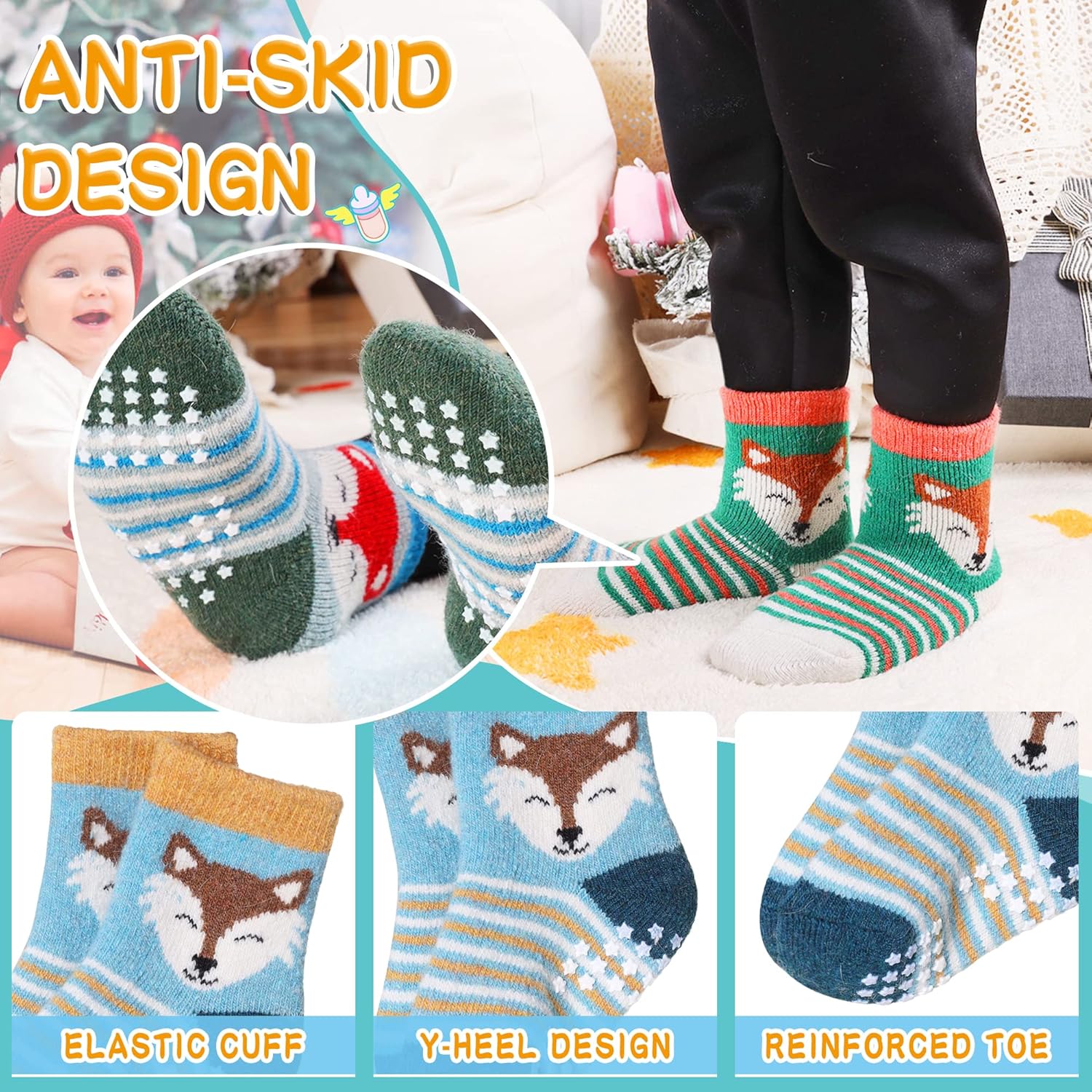 6 Paar Babywol Sokken met Grip | Zachte, warme, dikke antislip wintersokken voor peuters, uniseks