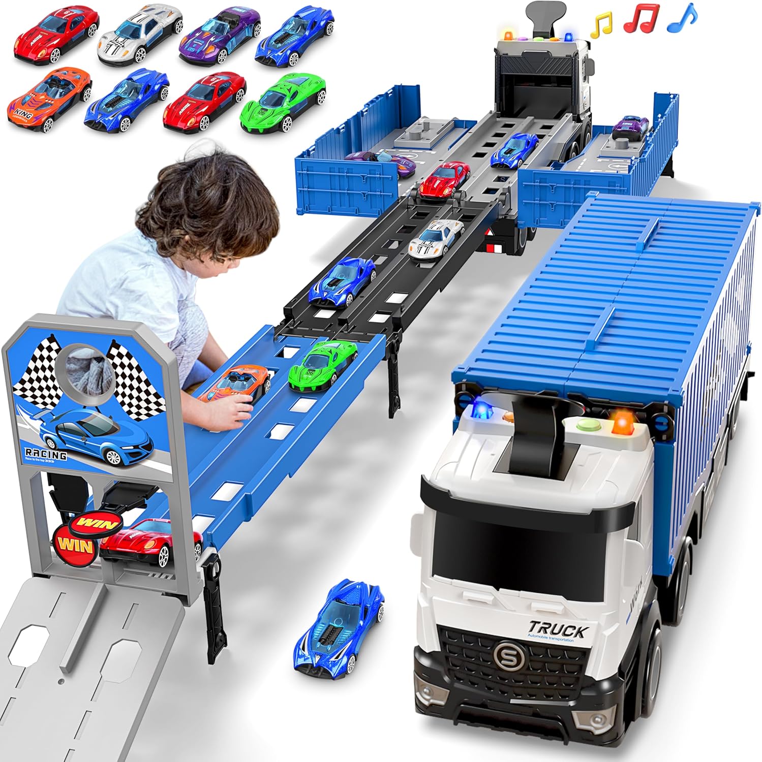 3-Laags Racebaan Truck | 8 Mini Auto’s + Vrachtwagen | Opvouwbaar Speelset | 3–6 Jaar