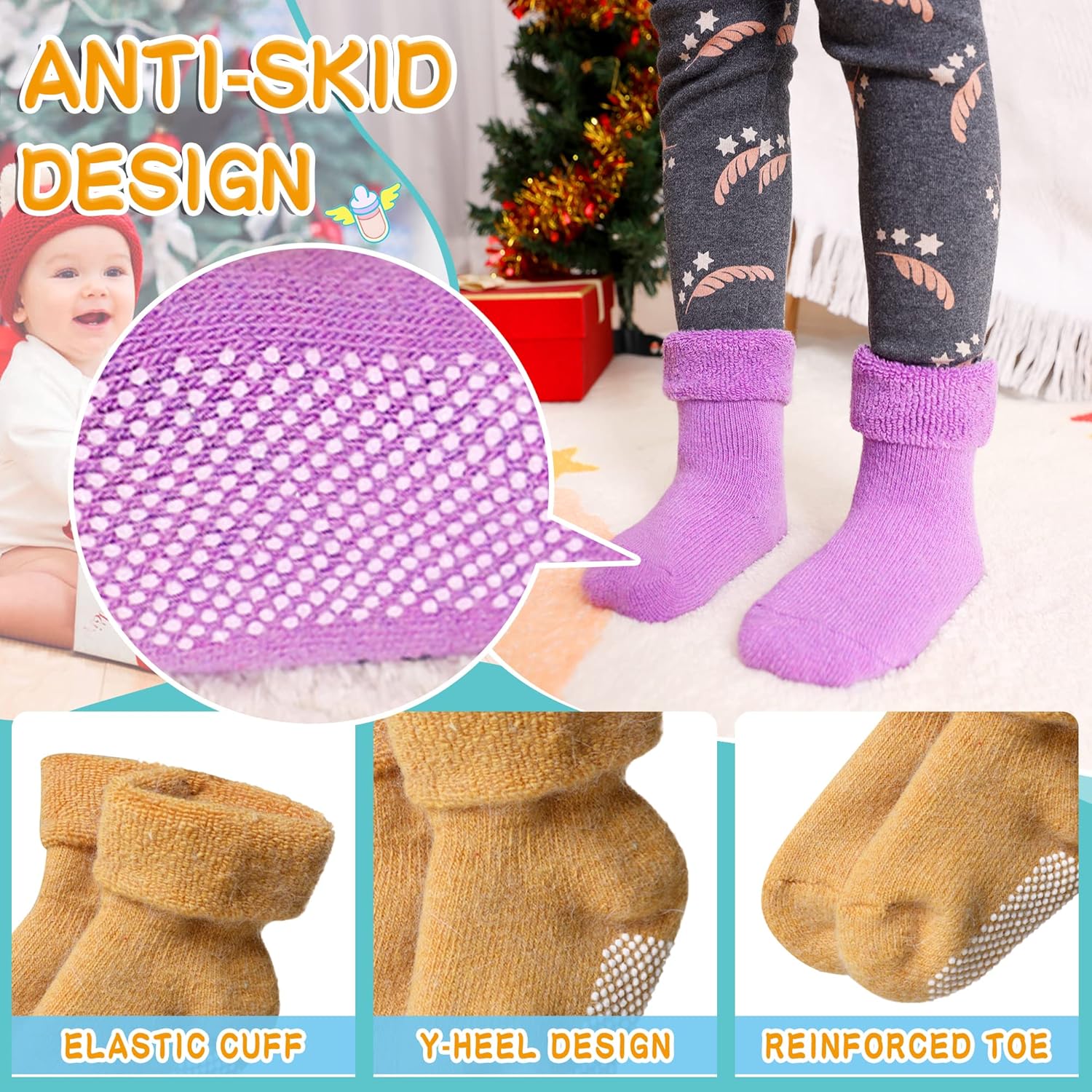 6 Paar Babywol Sokken met Grip | Zachte, warme, dikke antislip wintersokken voor peuters, uniseks