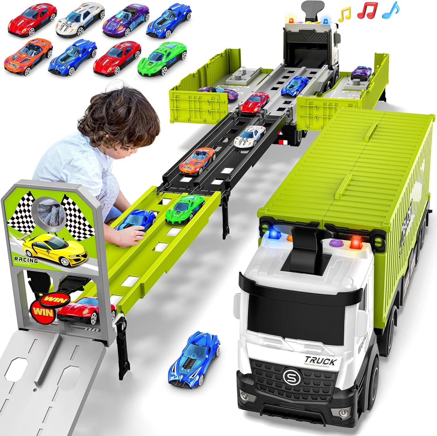 3-Laags Racebaan Truck | 8 Mini Auto’s + Vrachtwagen | Opvouwbaar Speelset | 3–6 Jaar
