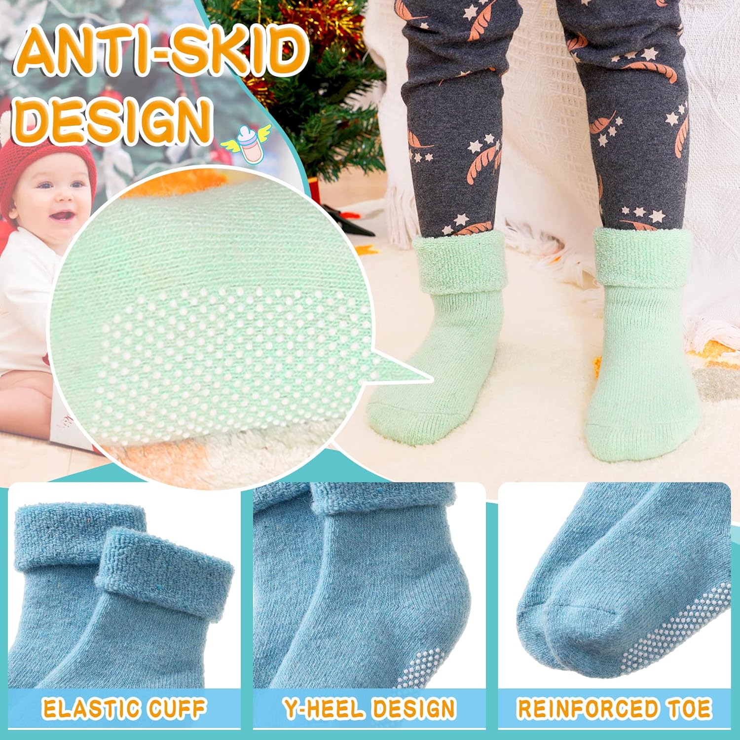 6 Paar Babywol Sokken met Grip | Zachte, warme, dikke antislip wintersokken voor peuters, uniseks