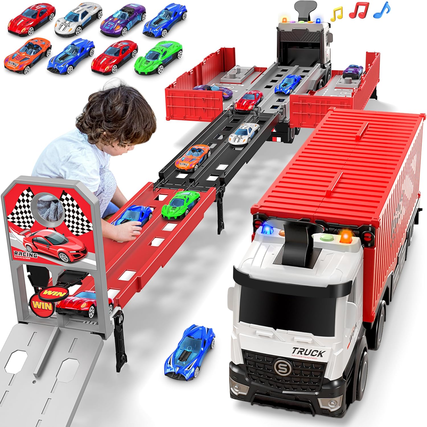 3-Laags Racebaan Truck | 8 Mini Auto’s + Vrachtwagen | Opvouwbaar Speelset | 3–6 Jaar