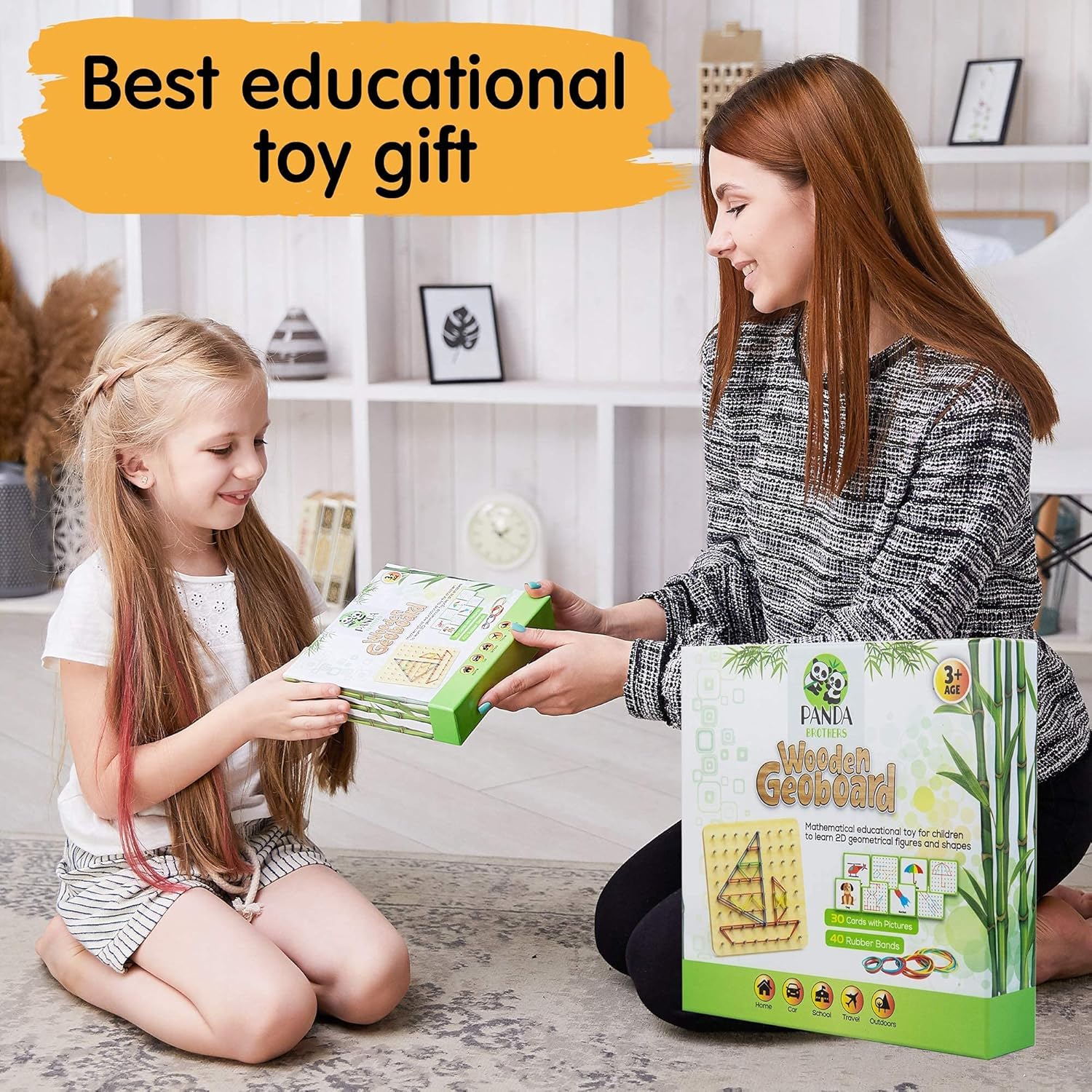 Montessori Geobord Houten Educatief Speelgoed | 30 Patroonkaarten & 40 Elastieken | STEM Spel