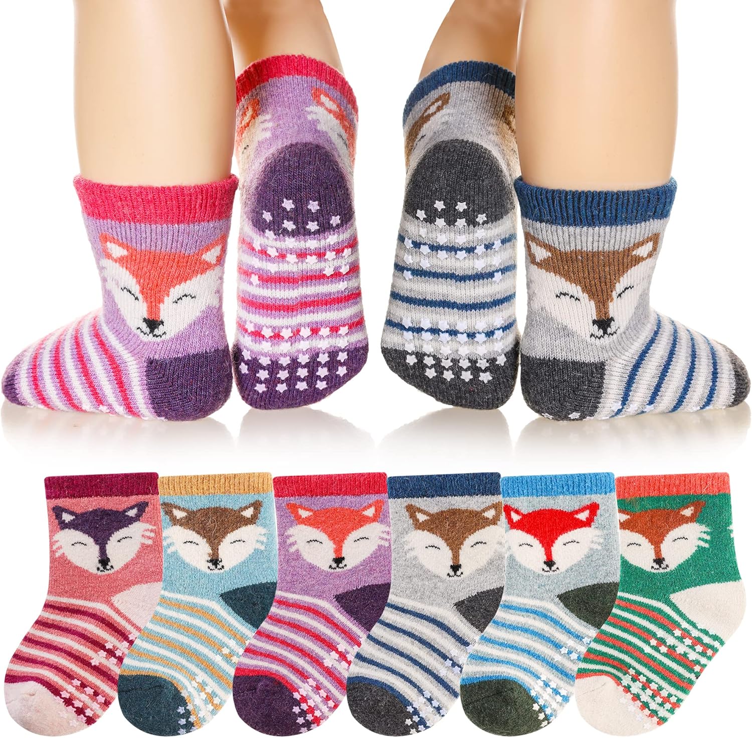 6 Paar Babywol Sokken met Grip | Zachte, warme, dikke antislip wintersokken voor peuters, uniseks