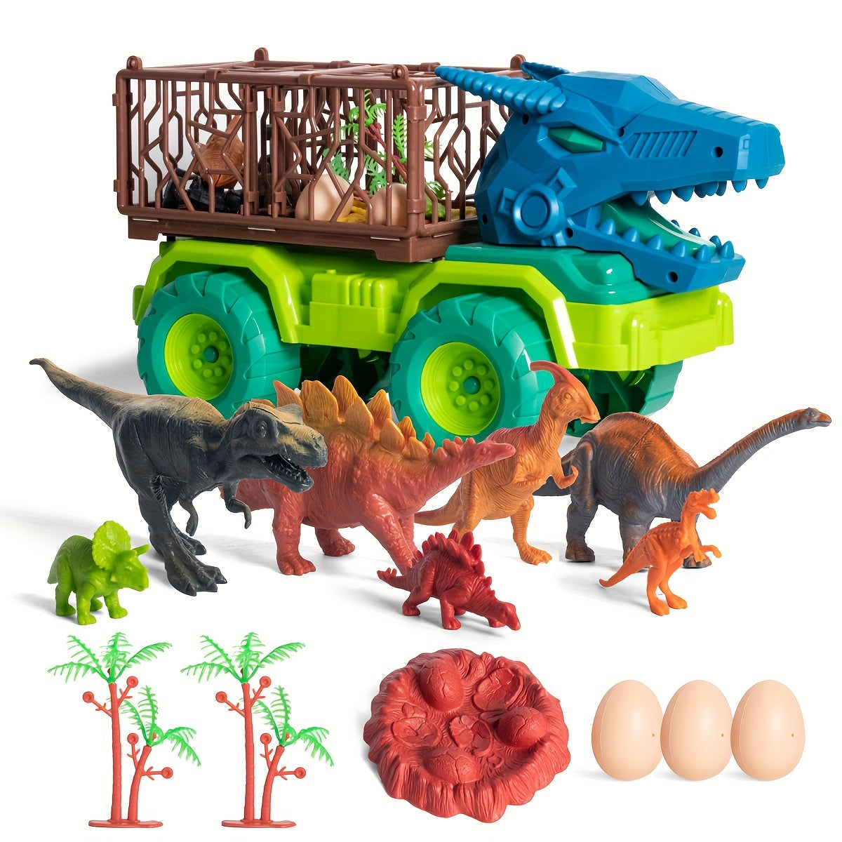 Dinosaurus Transporter Truck Speelgoed Set, 14-delige T-Rex Vrachtwagen met Educatief Speeltijd, Verjaardags- & Kerstcadeau voor Kinderen van 3-6 Jaar