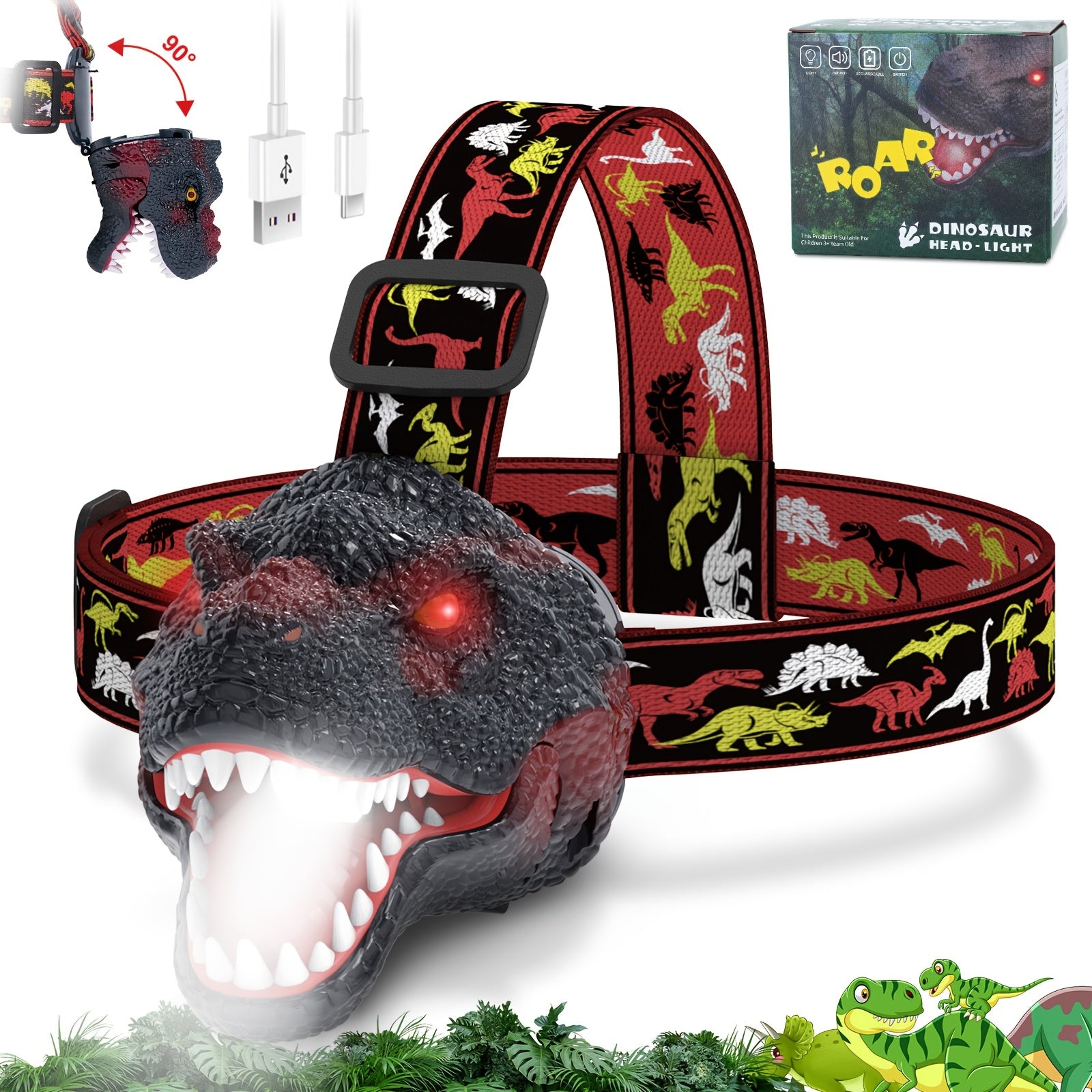 Brullende Dinosaurus LED Hoofdlamp – Oplaadbaar & Verstelbaar met Realistisch Design