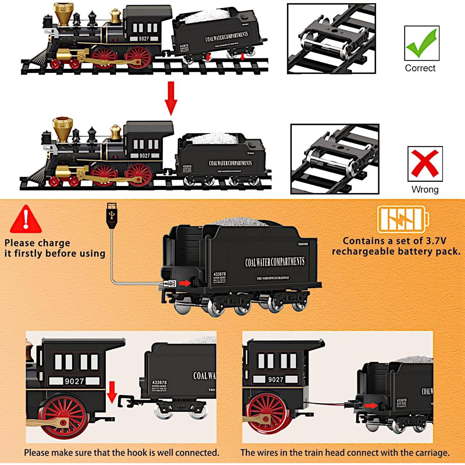 Retro Treinset | Kersttrein met Rails, Rook, Geluid & Lichten, Oplaadbaar, Klassiek Speelgoed
