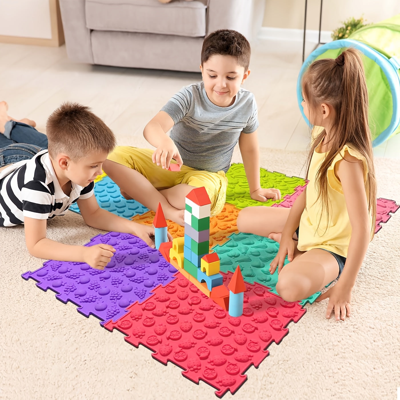 Siliconen sensorische speelmat | Getextureerde en orthopedische sensorische tegels voor kinderen en peuters, in elkaar grijpende puzzelmat voor speelkamer