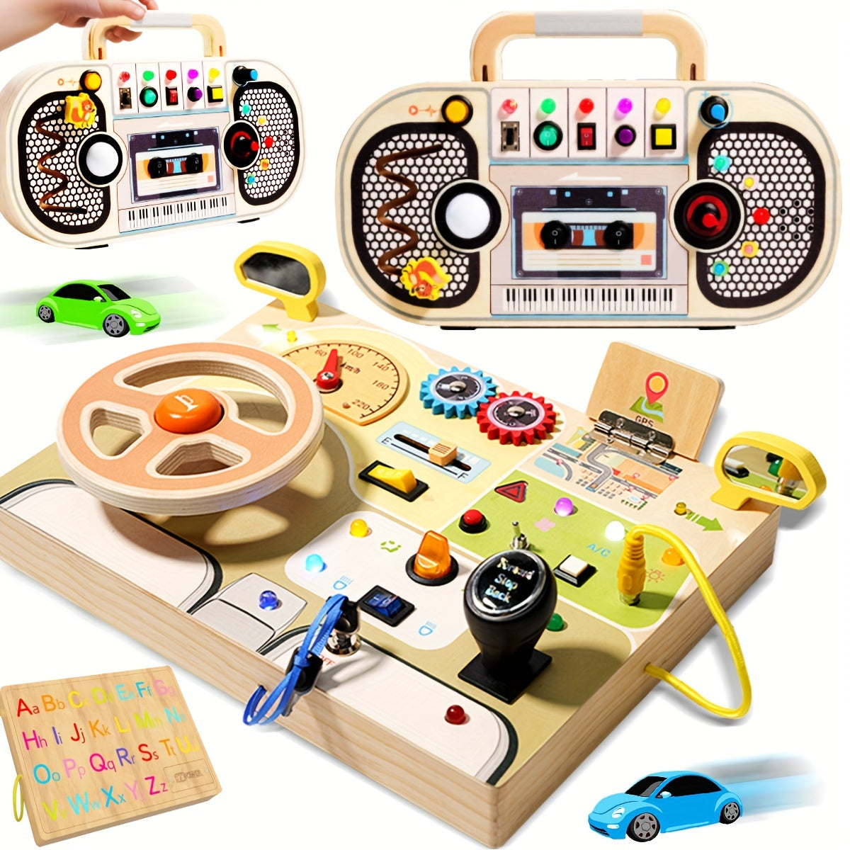 Interactief houten bord voor kinderen | Educatief stuurwiel met LED, muziek en sensorische activiteiten - Perfect reis speelgoed en cadeau voor Kerst/Halloween, assorti kleuren.
