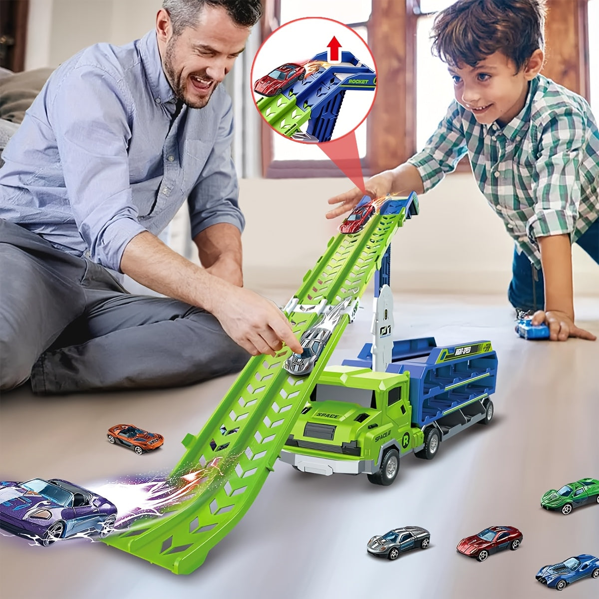 Dino Transport Truck & Racebaan Speelgoed | Wrijvingsvoertuig met Uitklapbare Racebaan | Inclusief Auto's | Cadeau voor 3-6 Jaar