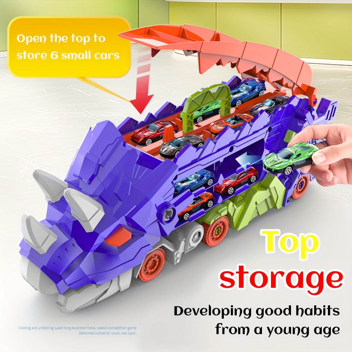 Triceratops Transport Truck 3-in-1 Speelset | Transformeerbaar Spoorweg-Lanceervoertuig | Inclusief Meerdere Metaalauto’s | Voor 3+ Jaar | Paars & Groen