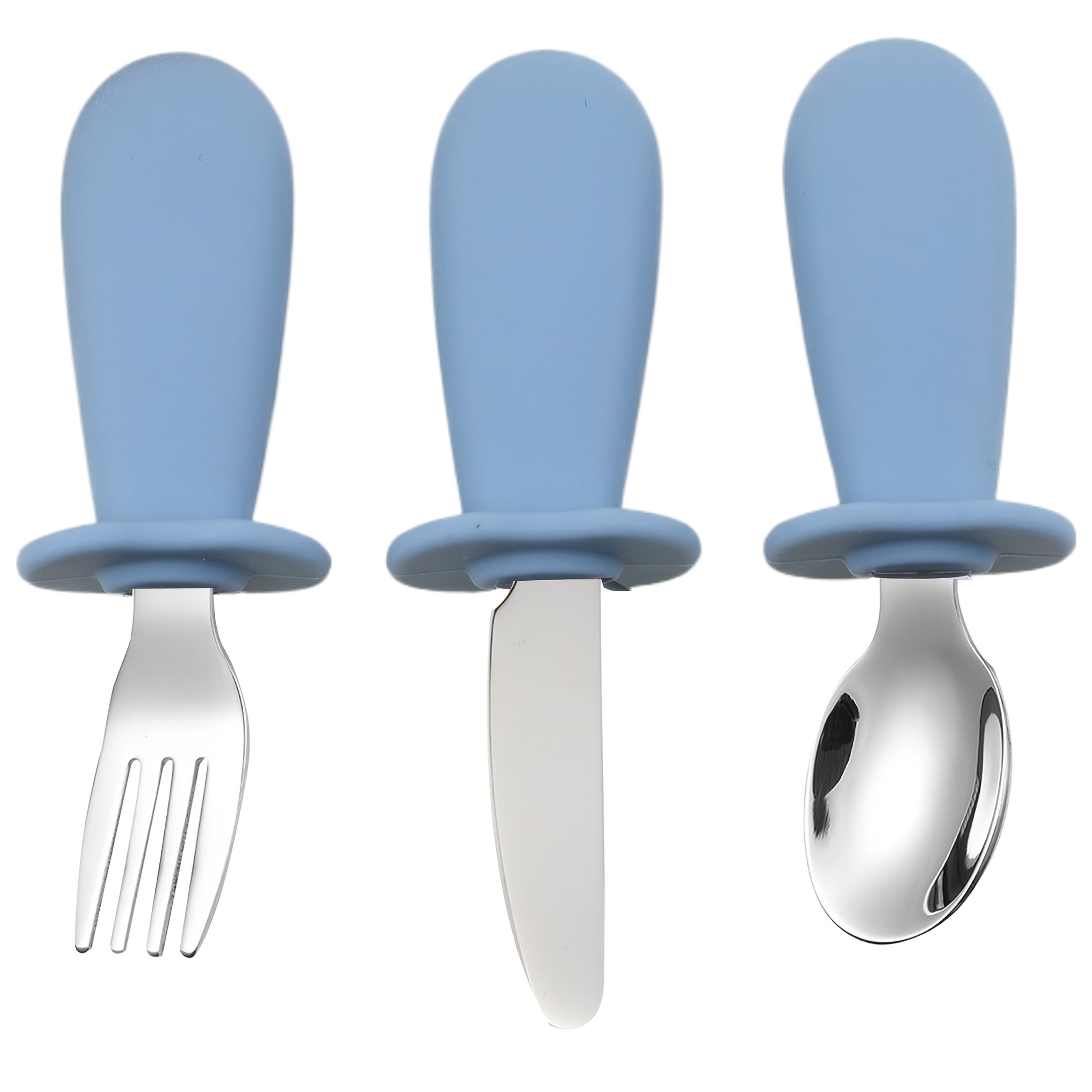 3-delige Rvs Lepel Vork Mes Set met Silicone Handvatten, Zachte Randen, Comfortabele Eetbestek voor Baby's