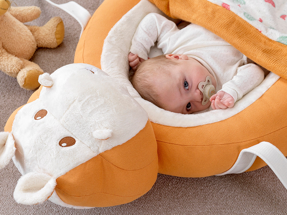 Oranje Hippo Draagbare Babynest | Ergonomisch Babybed met Kussen Katoen 0-3 Jaar