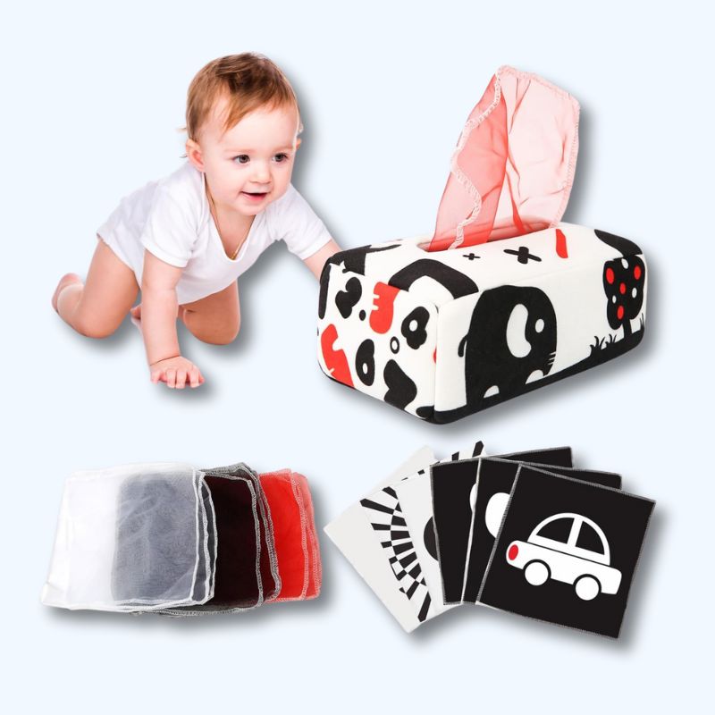 Montessori Tissue Box Speelgoed | Zacht Gevuld Hoog Contrast Krinkel Infant Sensorisch Baby Speelgoed 6 tot 12 Maanden Vroeg Leren Cadeaus