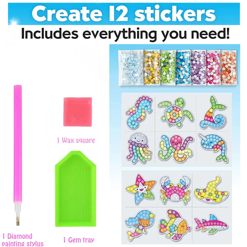Kinderen Grote Diamant Schilderkit | 12 Stickers DIY 5D Diamantschilderen op Nummer, Knutselset voor Meisjes & Jongens