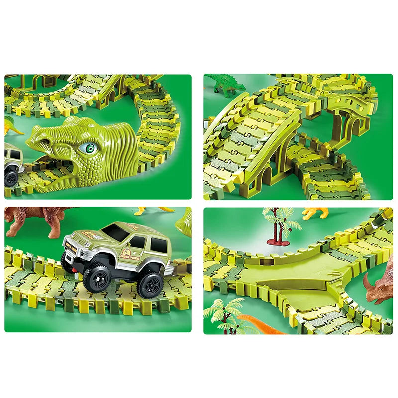 Dinosaur racecircuit - Flexibel autospoor om te assembleren met LED en lichteffecten voor kinderen