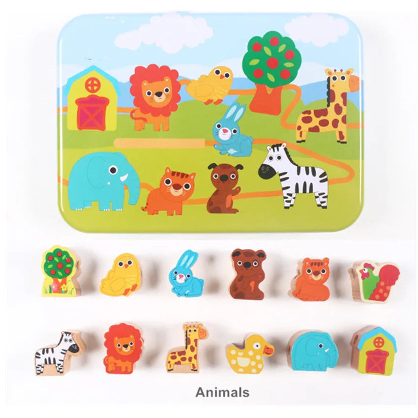 Moulty Wooden Lacing Beads in Iron Box String Lacing Puzzle Early Learning Educational Toys For Toddler Children DIY Toys