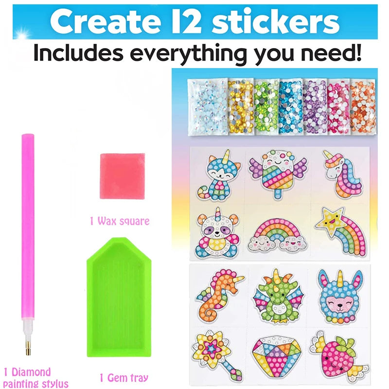 Kinderen Grote Diamant Schilderkit | 12 Stickers DIY 5D Diamantschilderen op Nummer, Knutselset voor Meisjes & Jongens
