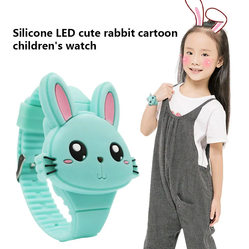 3D Cartoon LED Kinderhorloge | Konijn & Kat Siliconen Polshorloge, Verjaardagscadeau