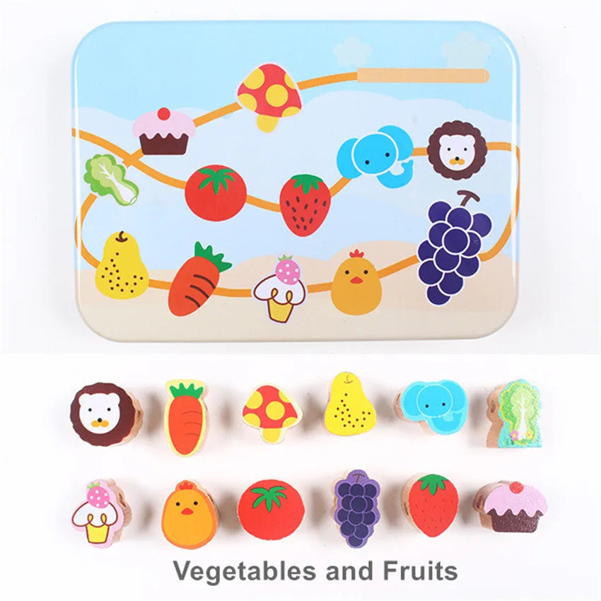 Moulty Wooden Lacing Beads in Iron Box String Lacing Puzzle Early Learning Educational Toys For Toddler Children DIY Toys