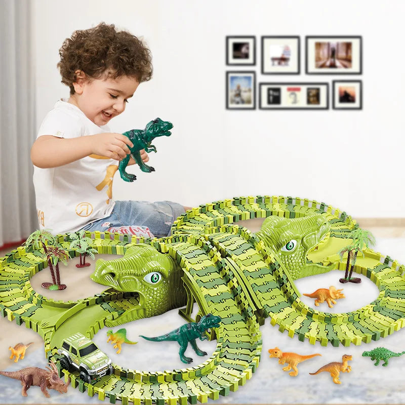 Dinosaur racecircuit - Flexibel autospoor om te assembleren met LED en lichteffecten voor kinderen