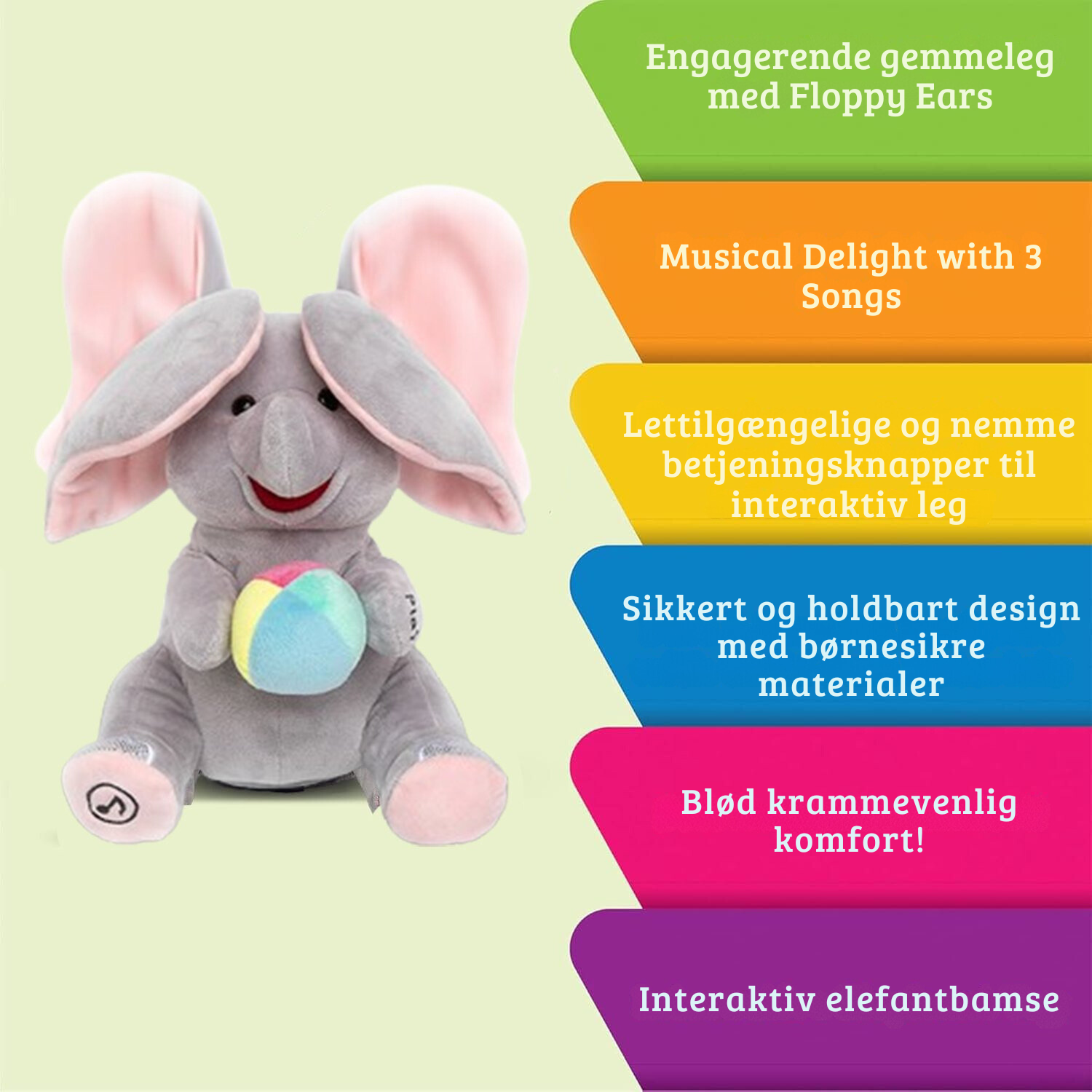 PeekPal Muzikale Olifant – Interactieve knuffel met geluid en aanraking functies