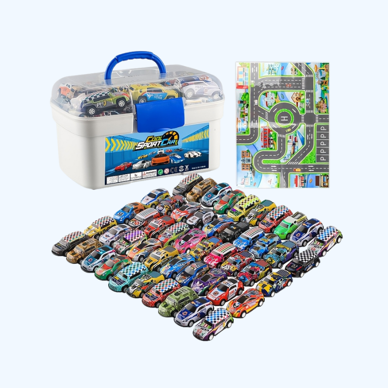 Set van 50 Miniatuur Metalen Auto's met Doos - Wrijving Voertuigen, Diverse Kleuren, Voor Kinderen van 3 tot 6 Jaar