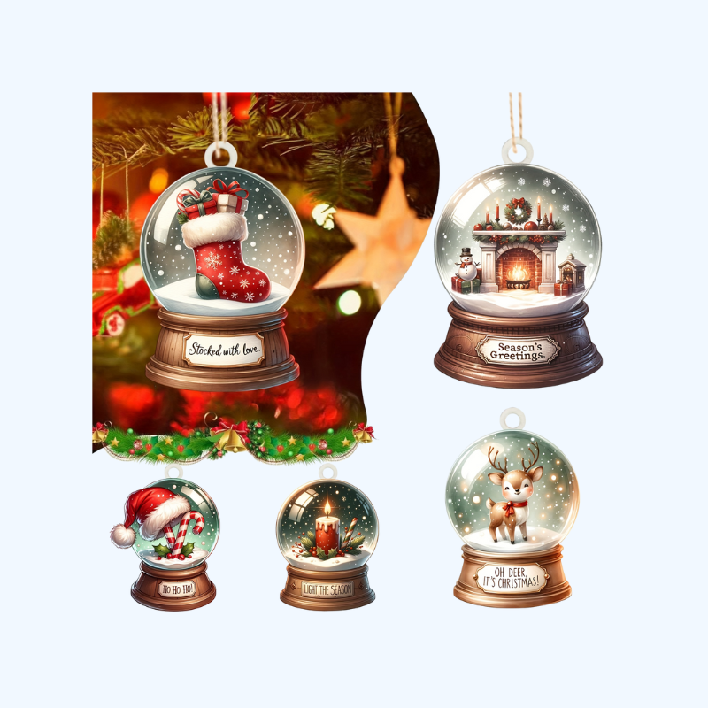 Set van 15 Houten Sneeuwbol Ornamenten - Kerstboom- en Huisdecoratie, Uniek Vakantiecadeau