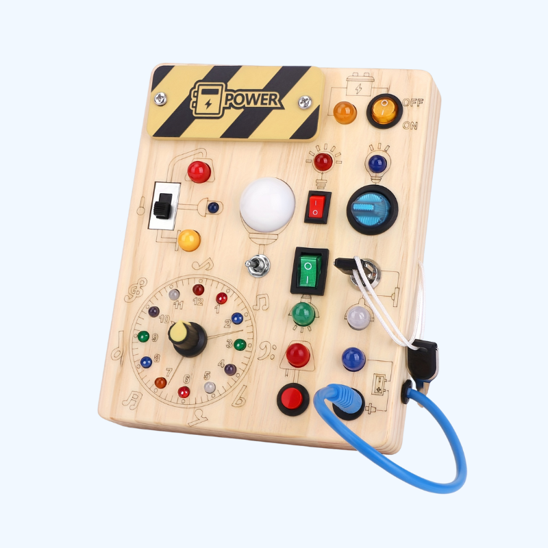 Houten Busy Board met LED | Speelgoedklok met 11 LED-lichtschakelaars. Sensorisch speelgoed voor kinderen vanaf 1 jaar
