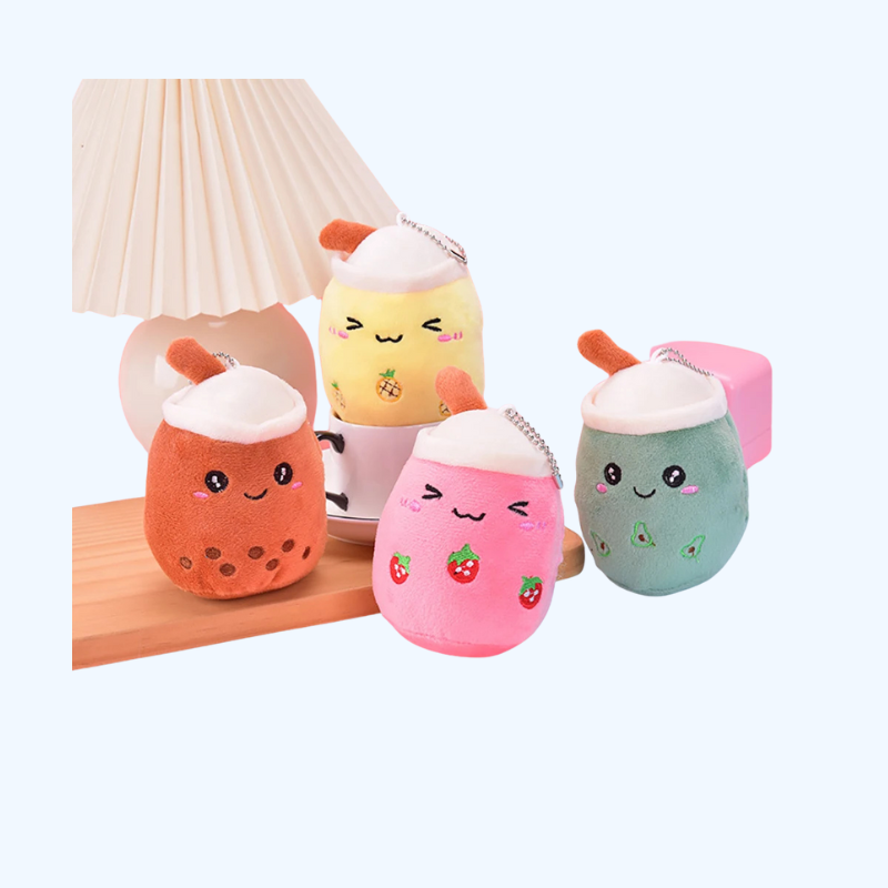 Schattige mini-theekop sleutelhanger met fruitige pluchen melkthee - Cadeau-idee voor de feestdagen