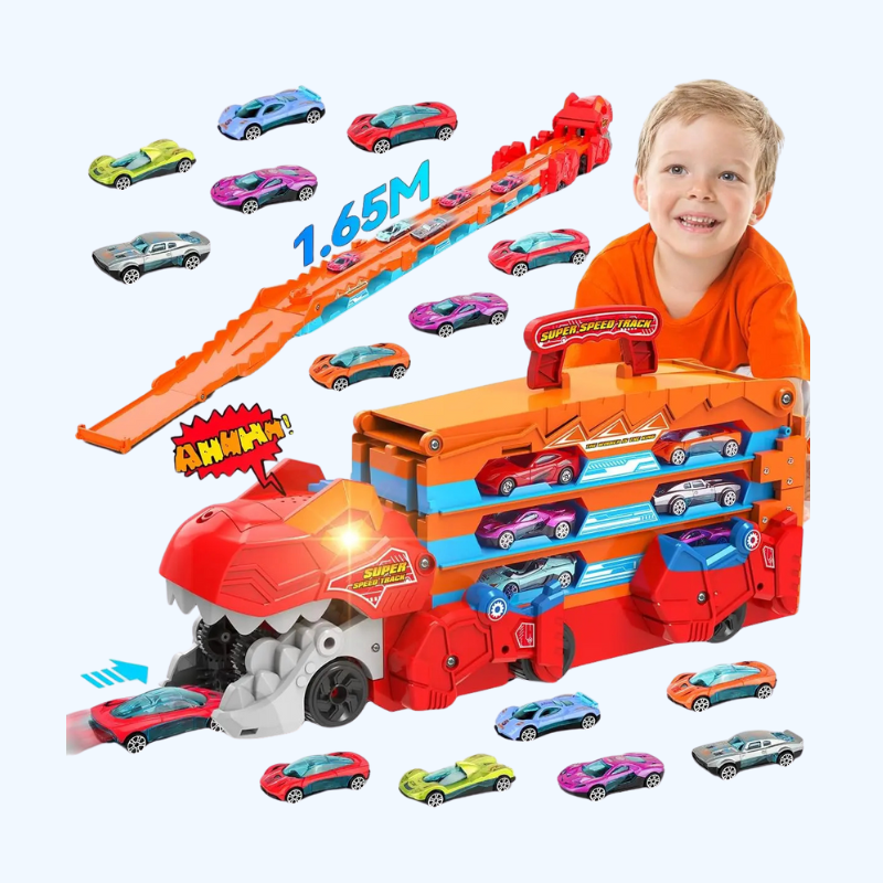 3-in-1 Dinosaur Transport Truck - Speelgoed met 8 kleine auto's, opvouwbaar spoor en geluidseffecten voor jongens van 3 jaar en ouder