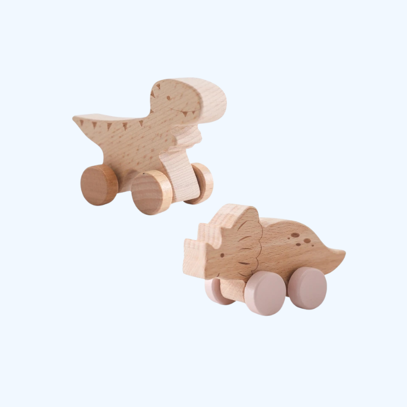 Montessori houten speelgoed voor baby's - Dinosaur auto van beukenhout, educatief rammelaar speeltje voor kinderen, cadeau voor baby's