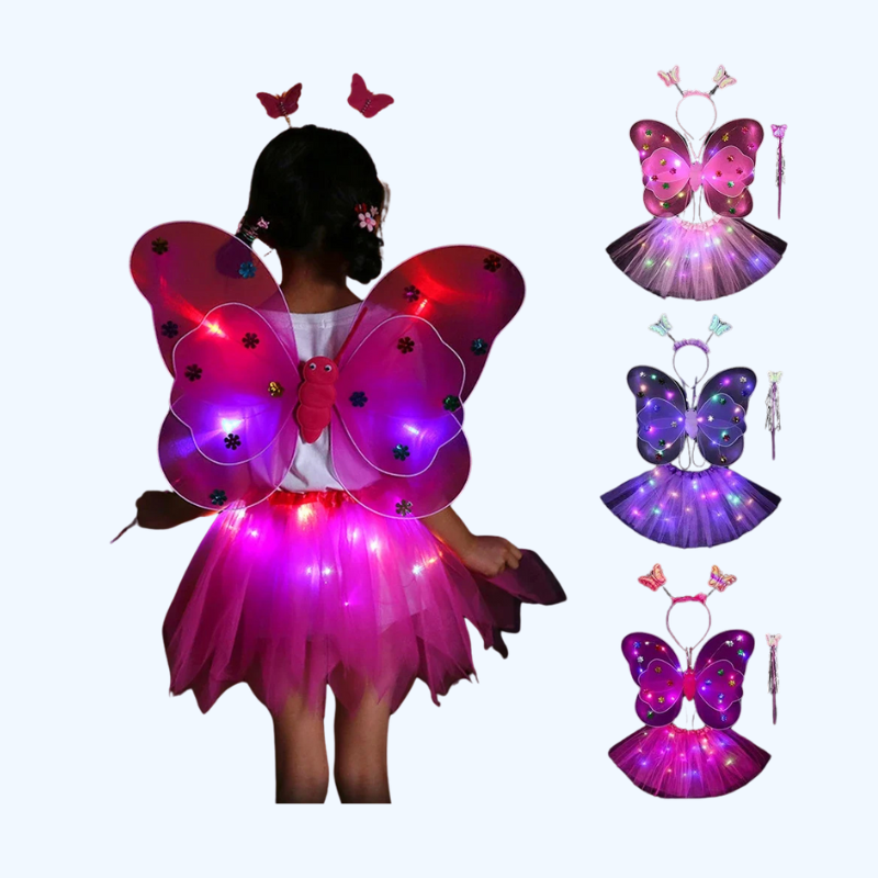 Dubbele Laag Meisjes LED Vlinder Vleugel Set | Knipperende Toverstaf, Hoofdband & Kostuum Speelgoed Cadeau